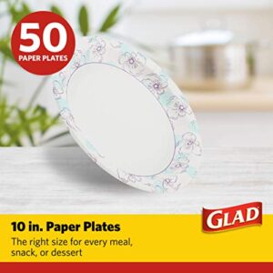 Glad Round Disposable Paper Plates 10 in, Blue Flower|Soak Proof, Cut Proof, Microwave Safe Heavy Duty Paper Plates For Parties|50 Count Bulk Paper Plates 10 Inch