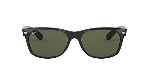 Ray-Ban RB2132F New Wayfarer Low Bridge Fit Square Sunglasses, Black/Polarized Green, 58 mm