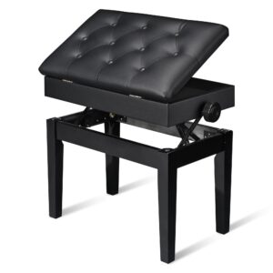 aw adjustable height piano bench stool pu leather wooden keyboard seat with music storage weight capacity 400lbs black