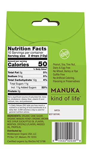 Wedderspoon Organic Manuka Honey Drops, Eucalyptus & Bee Propolis, 20 Count (4oz) (Pack of 1)| Genuine New Zealand Honey | Perfect Remedy For Dry Throats