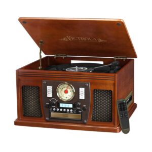 victrola 8-in-1 bluetooth record player & multimedia center, built-in stereo speakers - turntable, wireless music streaming, real wood | mahogany