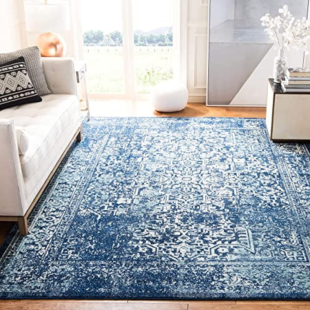 SAFAVIEH Evoke Collection Area Rug - 6'7" x 9', Navy & Ivory, Oriental Distressed Design, Non-Shedding & Easy Care, Ideal for High Traffic Areas in Living Room, Bedroom (EVK256A)