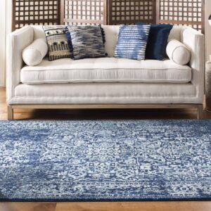 SAFAVIEH Evoke Collection Area Rug - 6'7" x 9', Navy & Ivory, Oriental Distressed Design, Non-Shedding & Easy Care, Ideal for High Traffic Areas in Living Room, Bedroom (EVK256A)