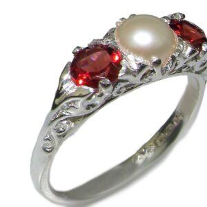 LetsBuyGold 925 Sterling Silver Cultured Pearl and Garnet Womens Band Ring - Size 7