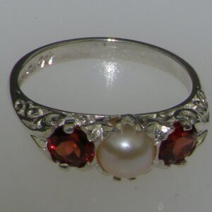 LetsBuyGold 925 Sterling Silver Cultured Pearl and Garnet Womens Band Ring - Size 7