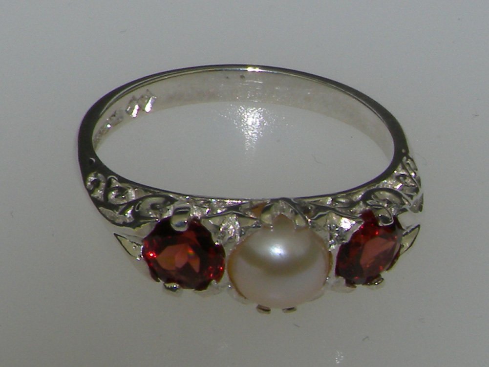 LetsBuyGold 925 Sterling Silver Cultured Pearl and Garnet Womens Band Ring - Size 7