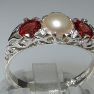 LetsBuyGold 925 Sterling Silver Cultured Pearl and Garnet Womens Band Ring - Size 7