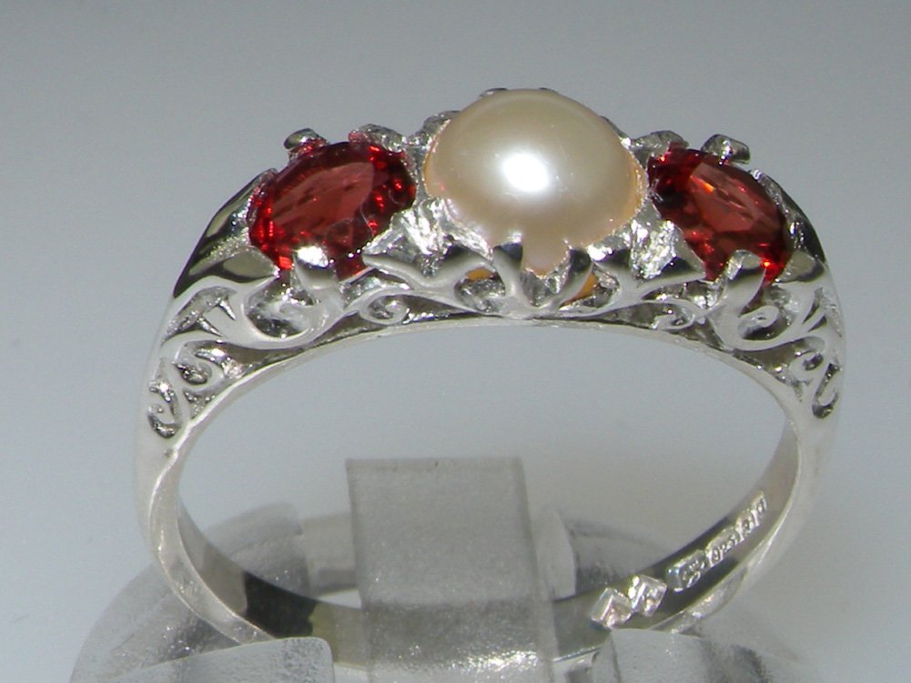 LetsBuyGold 925 Sterling Silver Cultured Pearl and Garnet Womens Band Ring - Size 7