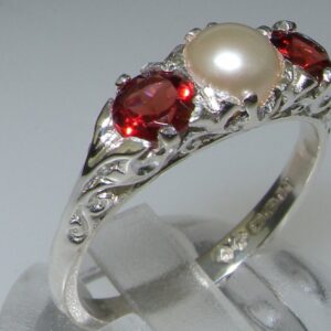 LetsBuyGold 925 Sterling Silver Cultured Pearl and Garnet Womens Band Ring - Size 7