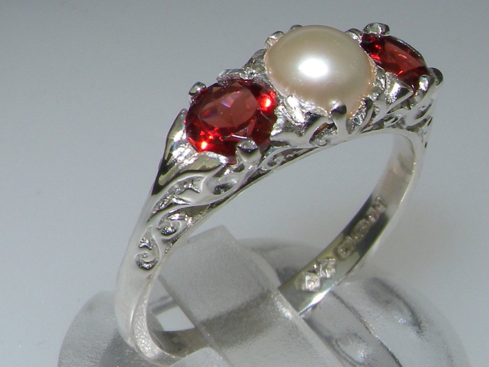 LetsBuyGold 925 Sterling Silver Cultured Pearl and Garnet Womens Band Ring - Size 7