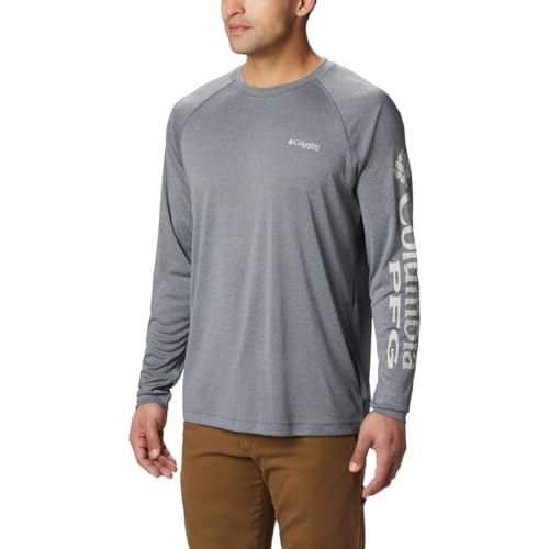 Columbia Men's Terminal Tackle Heather Long Sleeve Shirt, Charcoal HTHR/Cool Grey Logo, Large