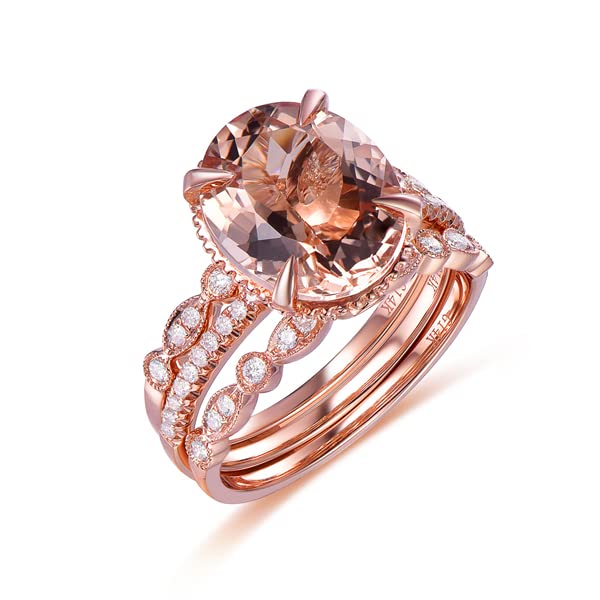 Oval Morganite Engagement Ring Trio Bridal Set Milgrain Under Gallery 14K Rose Gold Art Deco 10x12mm