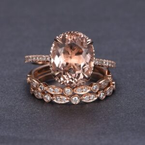 Oval Morganite Engagement Ring Trio Bridal Set Milgrain Under Gallery 14K Rose Gold Art Deco 10x12mm