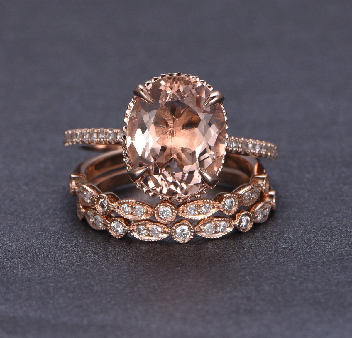 Oval Morganite Engagement Ring Trio Bridal Set Milgrain Under Gallery 14K Rose Gold Art Deco 10x12mm