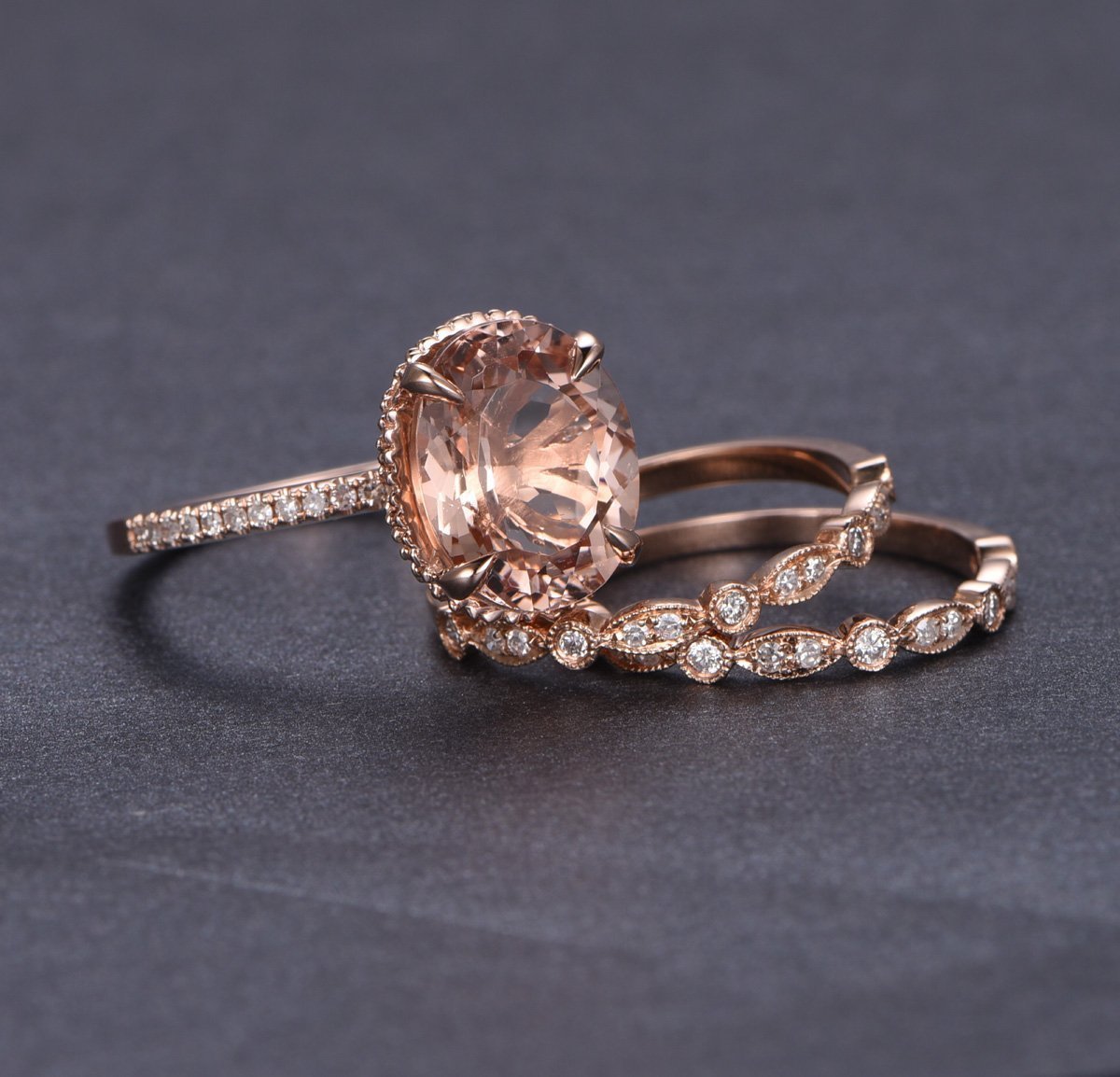 Oval Morganite Engagement Ring Trio Bridal Set Milgrain Under Gallery 14K Rose Gold Art Deco 10x12mm