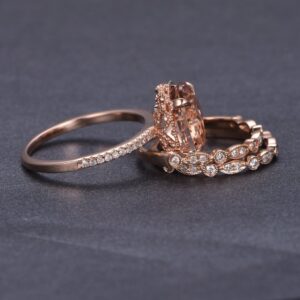 Oval Morganite Engagement Ring Trio Bridal Set Milgrain Under Gallery 14K Rose Gold Art Deco 10x12mm