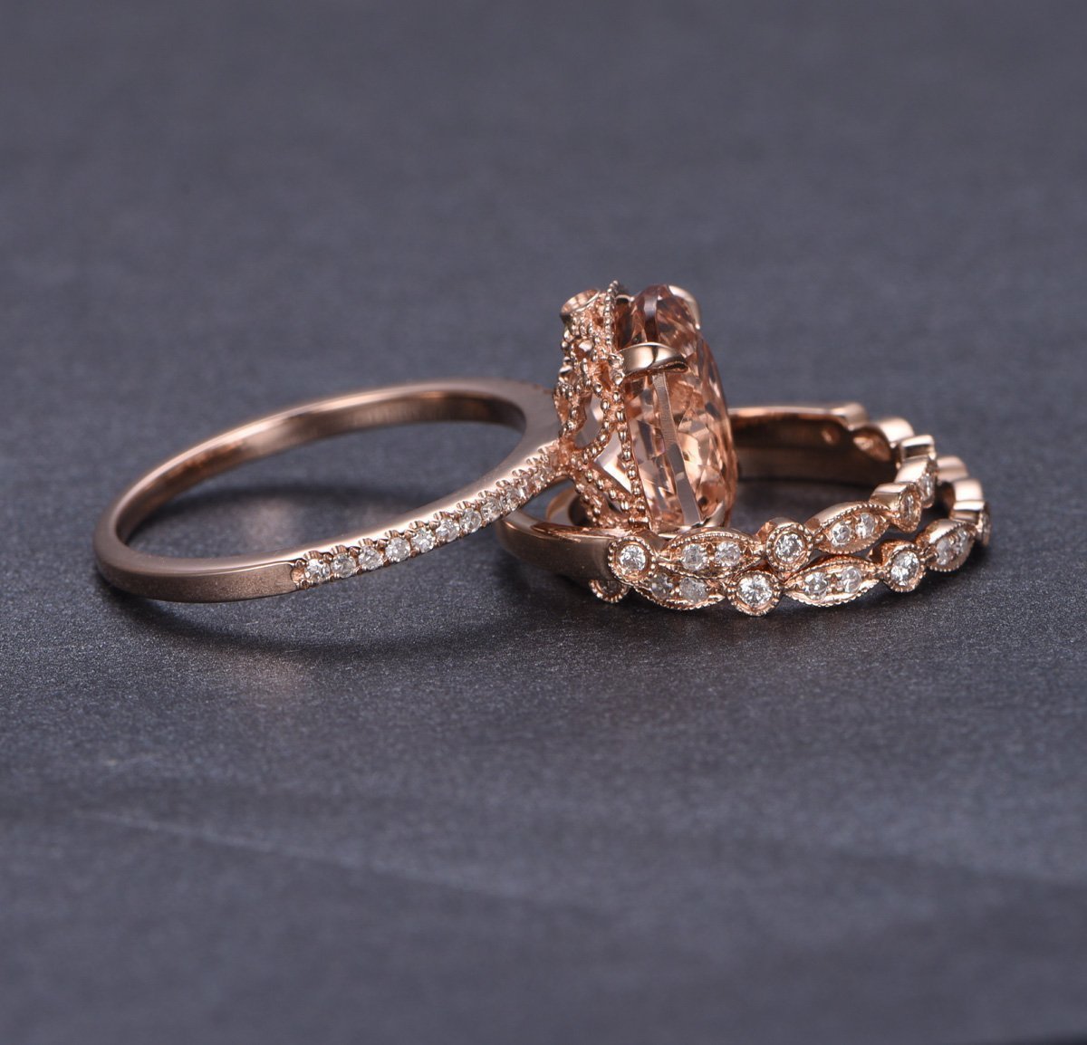 Oval Morganite Engagement Ring Trio Bridal Set Milgrain Under Gallery 14K Rose Gold Art Deco 10x12mm