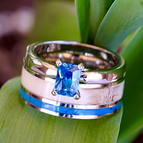 Kingsway Jewelry 2 pc Natural Deer Antler Ring with Turquoise Inlay Cubic Zirconia Engagement ring - Womens Wedding Ring Stainless Steel Sterling Silver Ring (9)