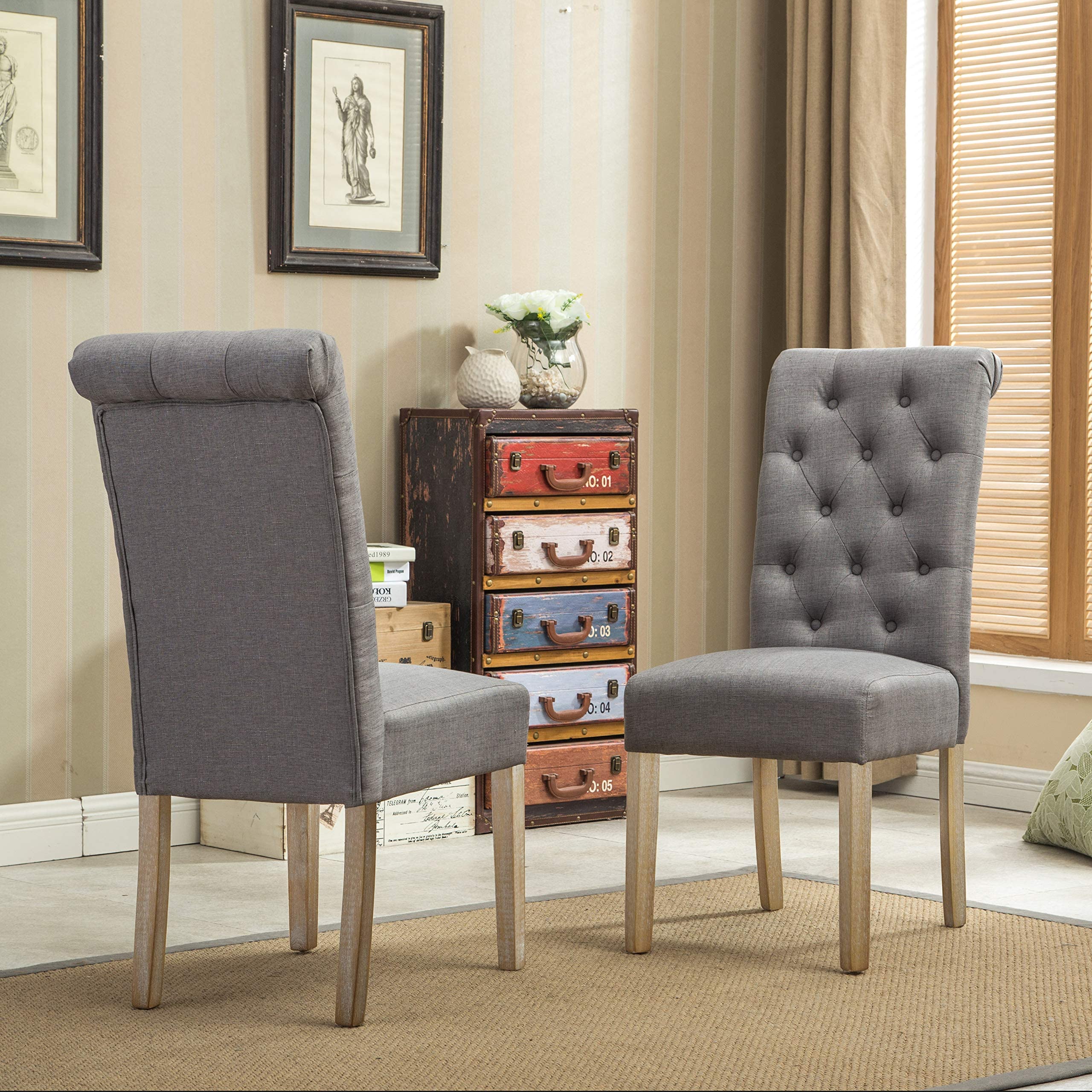 Roundhill Furniture Habit Grey Solid Wood Tufted Parsons Dining Chair (Set of 2), Gray