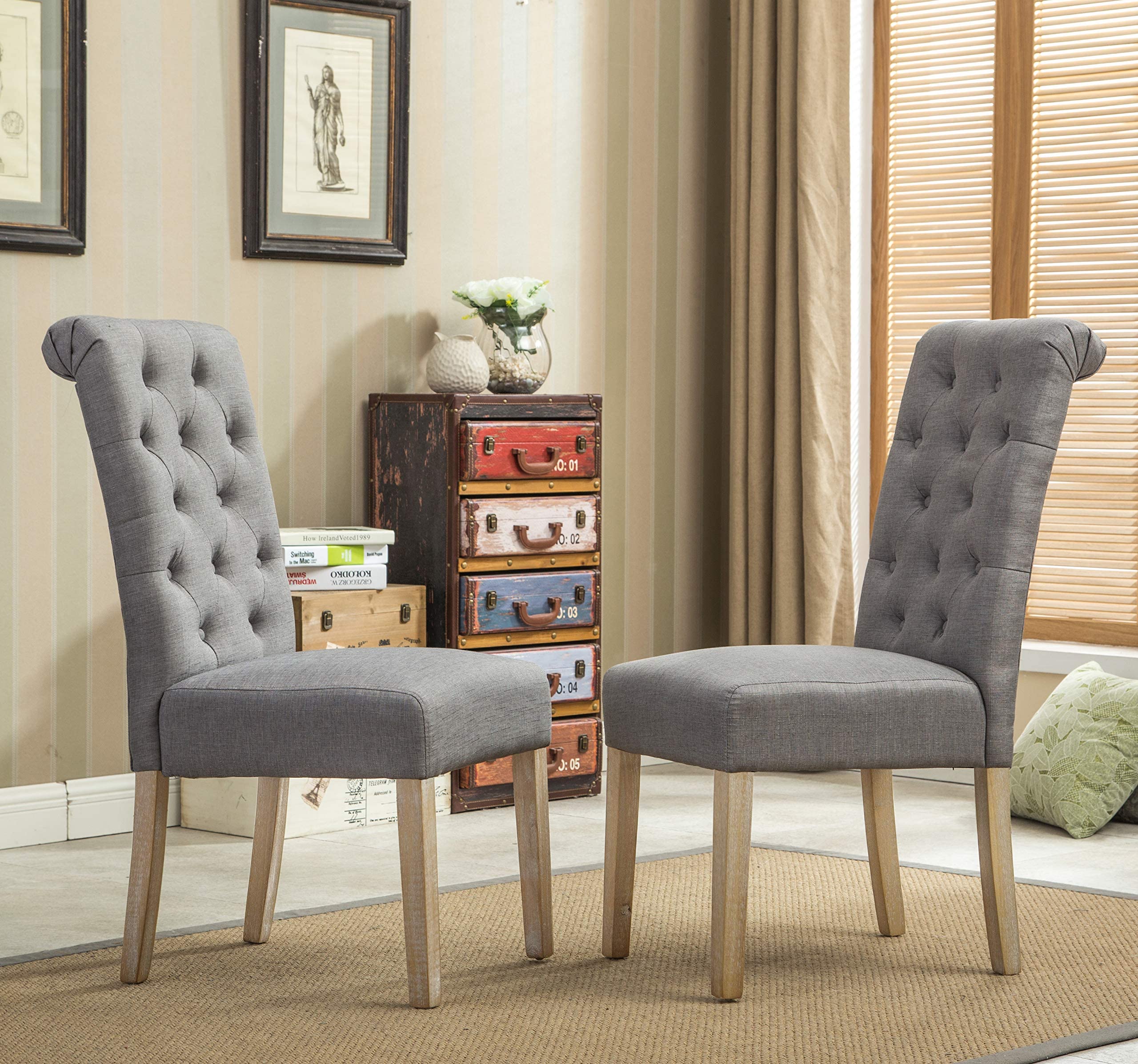 Roundhill Furniture Habit Grey Solid Wood Tufted Parsons Dining Chair (Set of 2), Gray