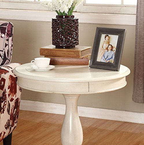 Roundhill Furniture Rene Round Wood Pedestal Side Table, Single, Antique White