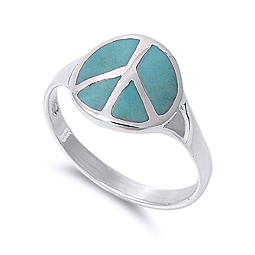 DoubleAccent Sterling Silver Simulated Turquoise Peace Sign Statement Ring 13mm (Size 4 to 10), 10