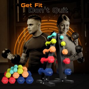 Fitness Republic Neoprene Workout Dumbbells 5 Pairs (2,4,6,8,10)LB + 5 Tier Rack- Non Slip, Anti Roll Exercise & Fitness Dumbbells Combo - 2.00MM Thick Rack with 230 LB Capacity - Ideal for Home and