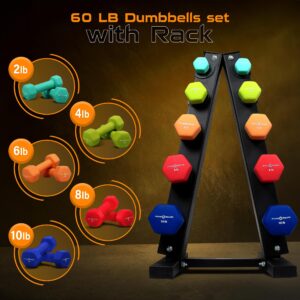 Fitness Republic Neoprene Workout Dumbbells 5 Pairs (2,4,6,8,10)LB + 5 Tier Rack- Non Slip, Anti Roll Exercise & Fitness Dumbbells Combo - 2.00MM Thick Rack with 230 LB Capacity - Ideal for Home and