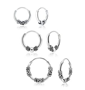 hoops & loops 925 sterling silver set of 3 pairs 10mm, 12mm & 14mm bali and bali bead endless hoop earrings for women teen girls men, silver