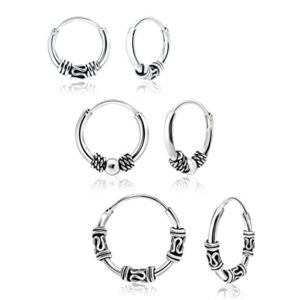 Hoops & Loops 925 Sterling Silver Set of 3 Pairs 10mm, 12mm & 14mm Bali and Bali Bead Endless Hoop Earrings for Women Teen Girls Men, Silver