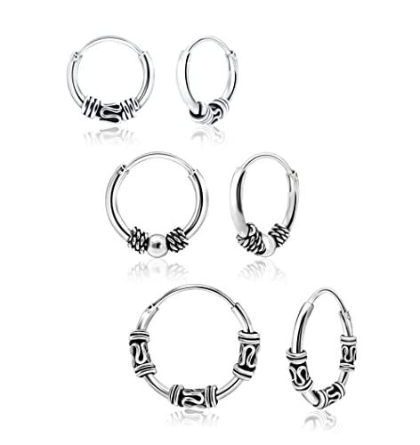 Hoops & Loops 925 Sterling Silver Set of 3 Pairs 10mm, 12mm & 14mm Bali and Bali Bead Endless Hoop Earrings for Women Teen Girls Men, Silver