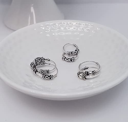 Hoops & Loops 925 Sterling Silver Set of 3 Pairs 10mm, 12mm & 14mm Bali and Bali Bead Endless Hoop Earrings for Women Teen Girls Men, Silver