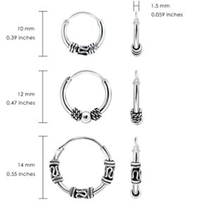 Hoops & Loops 925 Sterling Silver Set of 3 Pairs 10mm, 12mm & 14mm Bali and Bali Bead Endless Hoop Earrings for Women Teen Girls Men, Silver