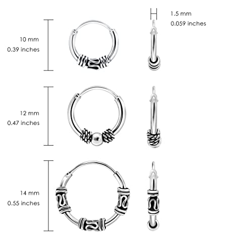 Hoops & Loops 925 Sterling Silver Set of 3 Pairs 10mm, 12mm & 14mm Bali and Bali Bead Endless Hoop Earrings for Women Teen Girls Men, Silver