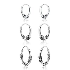 Hoops & Loops 925 Sterling Silver Set of 3 Pairs 10mm, 12mm & 14mm Bali and Bali Bead Endless Hoop Earrings for Women Teen Girls Men, Silver