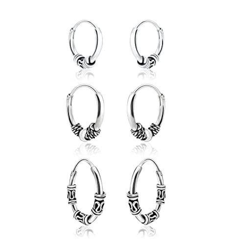 Hoops & Loops 925 Sterling Silver Set of 3 Pairs 10mm, 12mm & 14mm Bali and Bali Bead Endless Hoop Earrings for Women Teen Girls Men, Silver