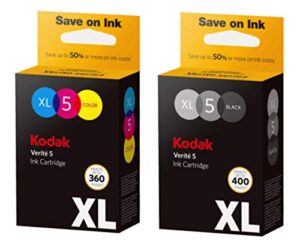 new, genuine original kodak verite brand 5xl black+color ink cartridge combo pack. contains (1) 5xl high yield black and (1) 5xl high yield color. for: kodak verite 55/55+/55 plus/55w eco series.