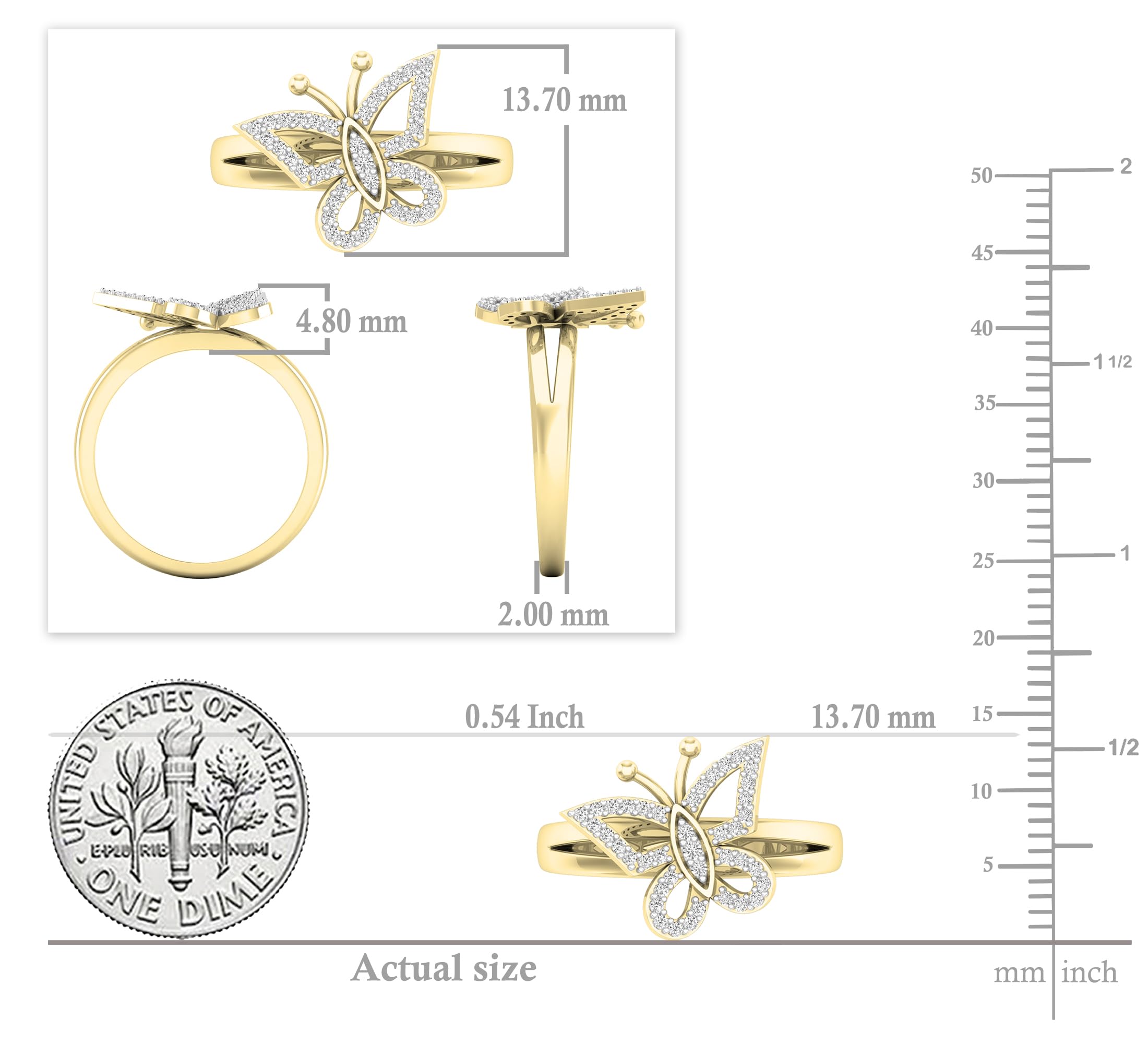 Dazzlingrock Collection 0.20 Carat (ctw) 14K Round Diamond Cocktail Right Hand Butterfly Ring 1/5 CT, Yellow Gold, Size 9