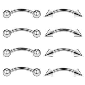 Ruifan 4PRS Eyebrow Piercing Jewelry Curved Barbell with Ball/Spike Kit Eyebrow Tragus Lip Ring 16g 16 gauge 8mm (Steel)