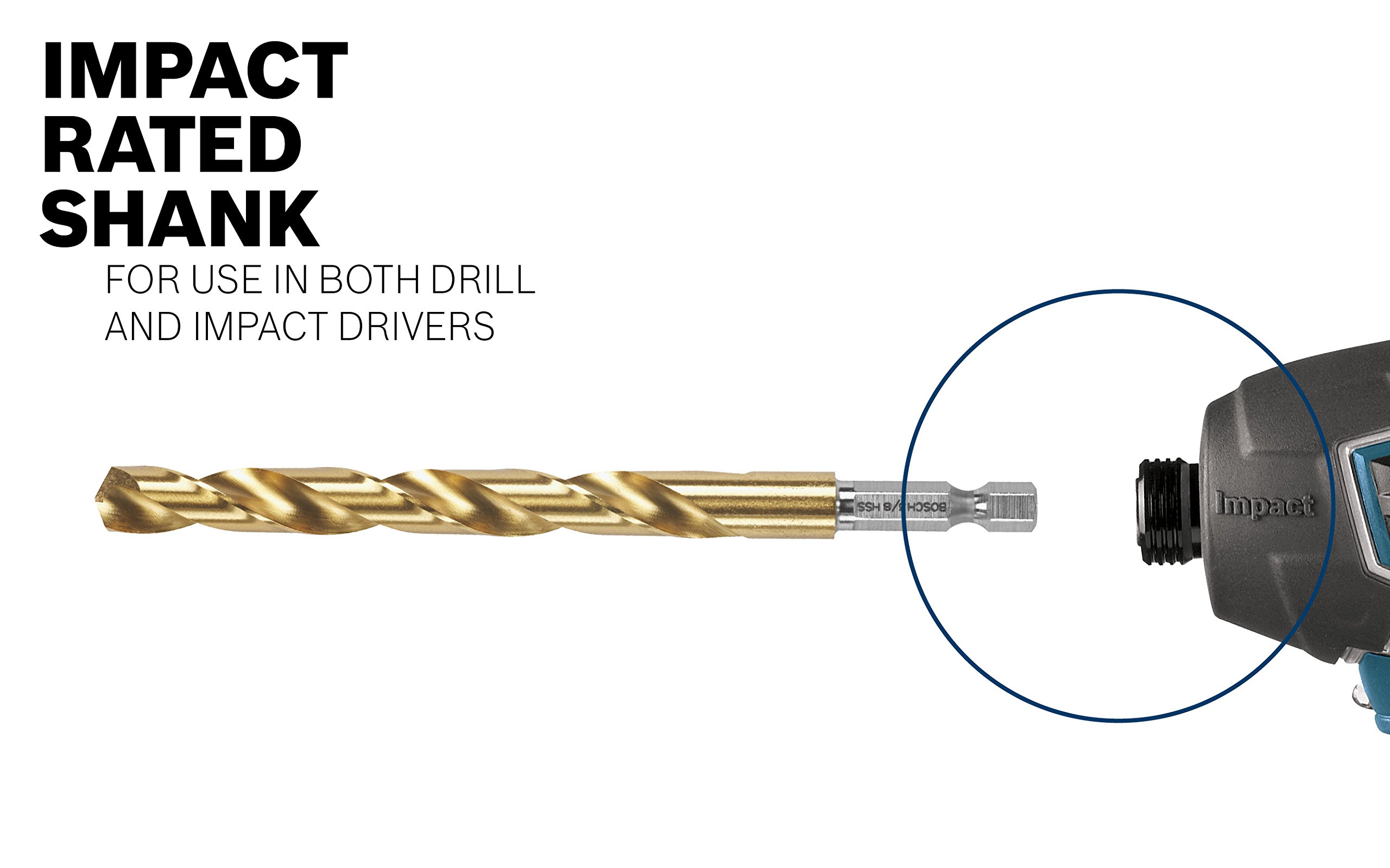 BOSCH TI2141IM 1-Piece 7/32 In. x 3-3/4 In. Titanium Nitride Coated Metal Drill Bit Impact Tough with Impact-Rated Hex Shank Ideal for Heavy-Gauge Carbon Steels, Light Gauge Metal, Hardwood