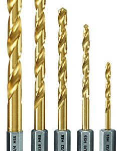 BOSCH TI5IM 5-Piece Assorted Set Titanium Nitride Coated Metal Drill Bits with Included Case Impact Tough with Impact-Rated Hex Shank Ideal for Heavy-Gauge Carbon Steels, Light Gauge Metal, Hardwood