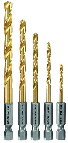 BOSCH TI5IM 5-Piece Assorted Set Titanium Nitride Coated Metal Drill Bits with Included Case Impact Tough with Impact-Rated Hex Shank Ideal for Heavy-Gauge Carbon Steels, Light Gauge Metal, Hardwood