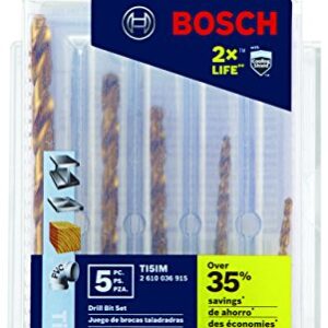 BOSCH TI5IM 5-Piece Assorted Set Titanium Nitride Coated Metal Drill Bits with Included Case Impact Tough with Impact-Rated Hex Shank Ideal for Heavy-Gauge Carbon Steels, Light Gauge Metal, Hardwood