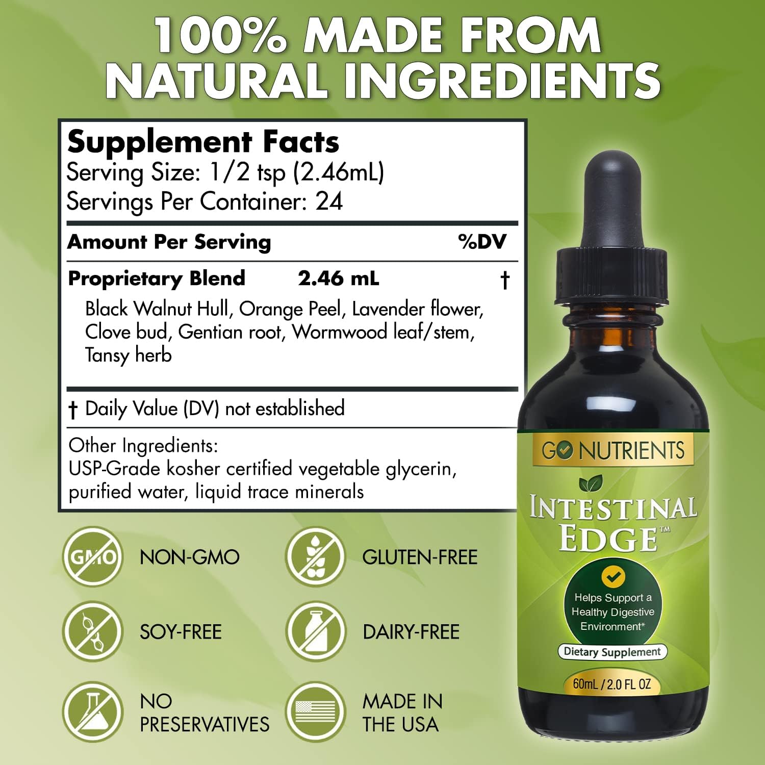 Go Nutrients Intestinal Edge (Non-GMO) Support Intestinal Health: Nourishing Digestive Wellness Vitality and Radiant Skin with Black Walnut Clove and Gentian Root All Ages 2.0 oz. | 24 Servings