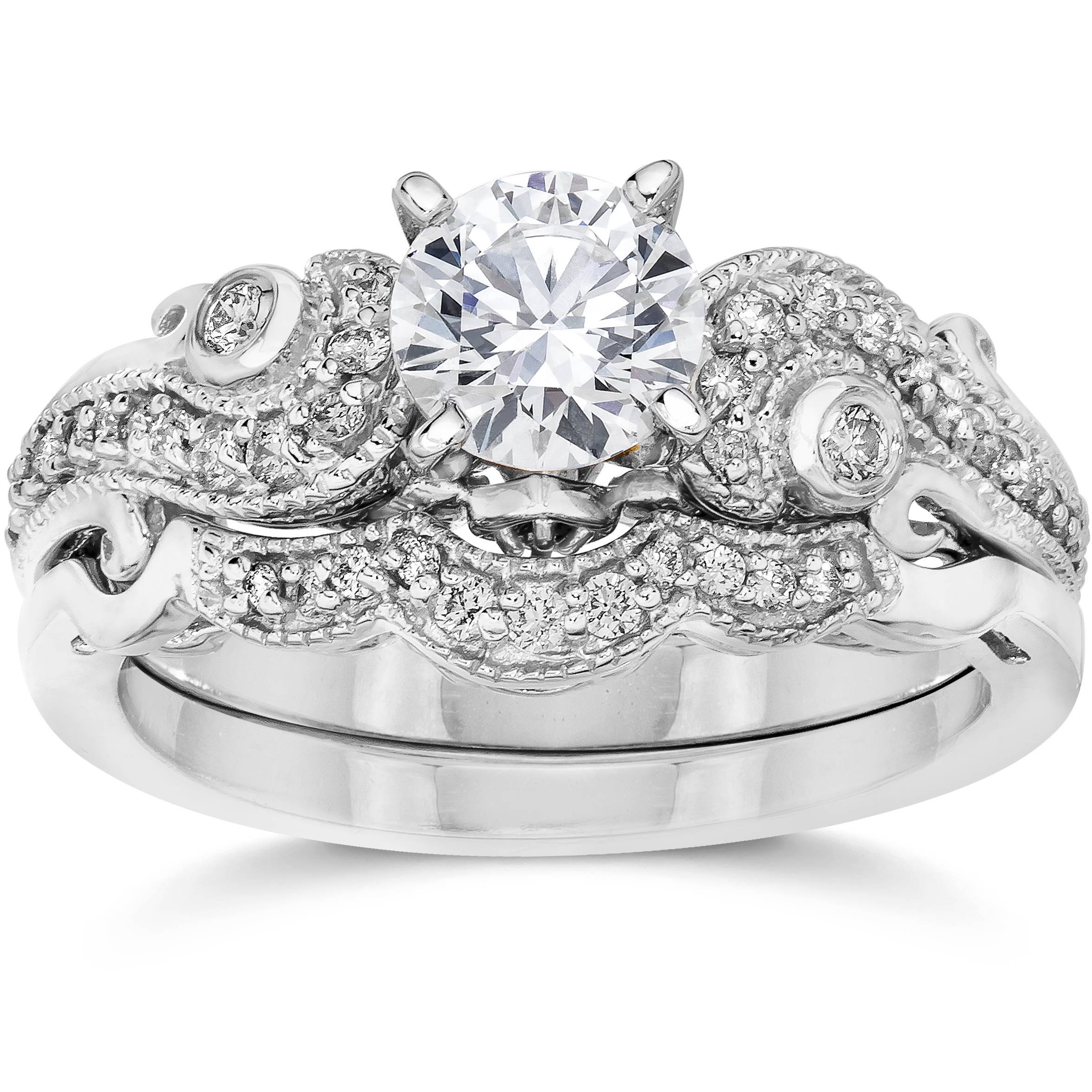 Emery 3/4Ct Vintage Diamond Engagement Wedding Ring Set 14K White Gold - Size 8.5