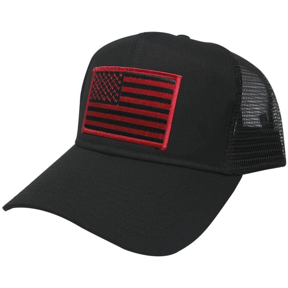 AC Racing USA American Flag Patch Snapback Trucker Mesh Cap - Black, Black/Red Patch