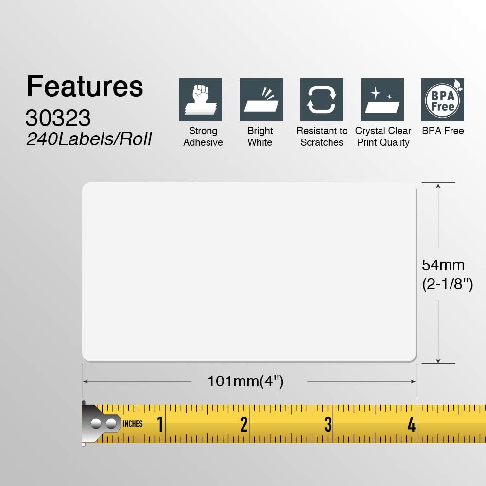 BETCKEY - Compatible DYMO 30323 (2-1/8" x 4") Shipping/Name Badge Labels, Strong Adhesive & Perforated, Compatible with DYMO Labelwriter 450, 4XL, Rollo & Zebra Desktop Printers [10 Rolls/2400 Labels]