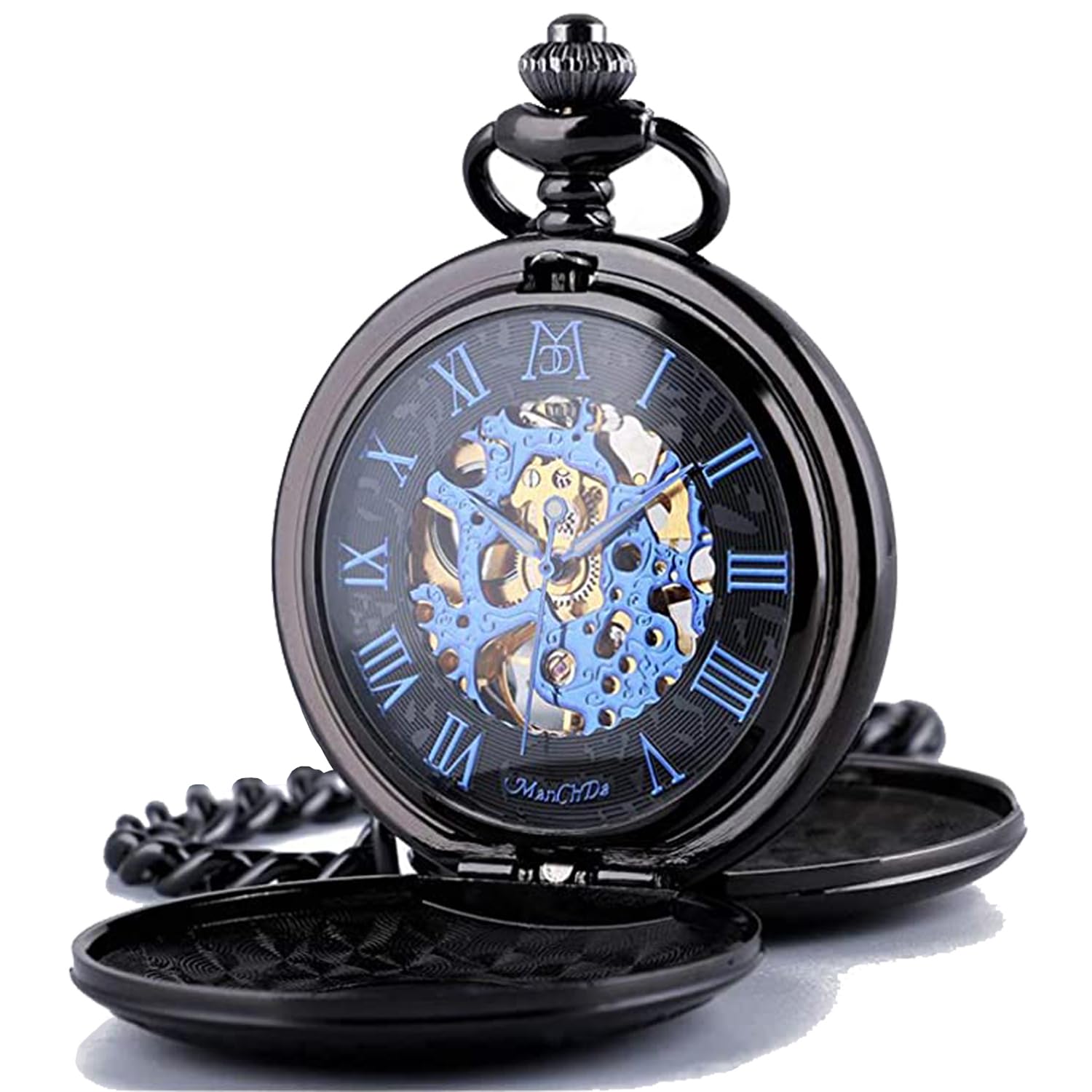 ManChDa Mechanical Roman Numerals Dial Skeleton Pocket Watches with Box and Chains for Mens Women (1.Black Blue)