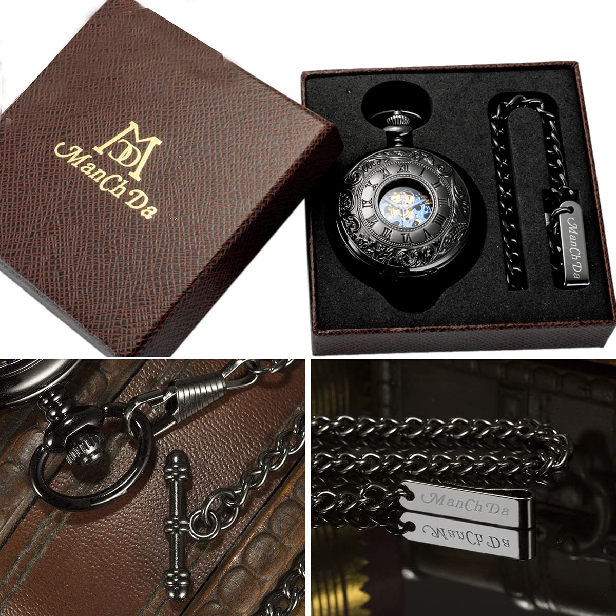 ManChDa Mechanical Roman Numerals Dial Skeleton Pocket Watches with Box and Chains for Mens Women (1.Black Blue)