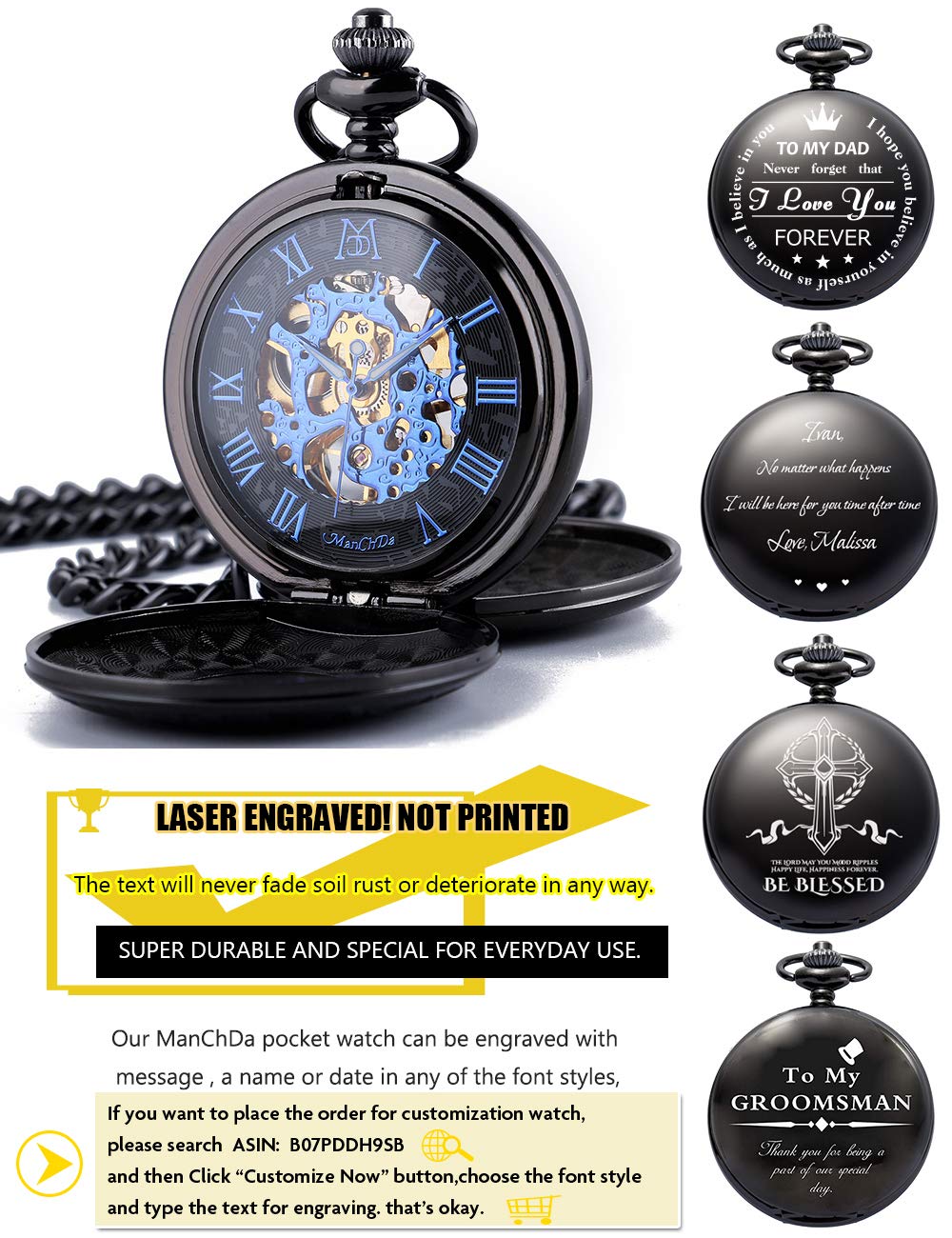 ManChDa Mechanical Roman Numerals Dial Skeleton Pocket Watches with Box and Chains for Mens Women (1.Black Blue)